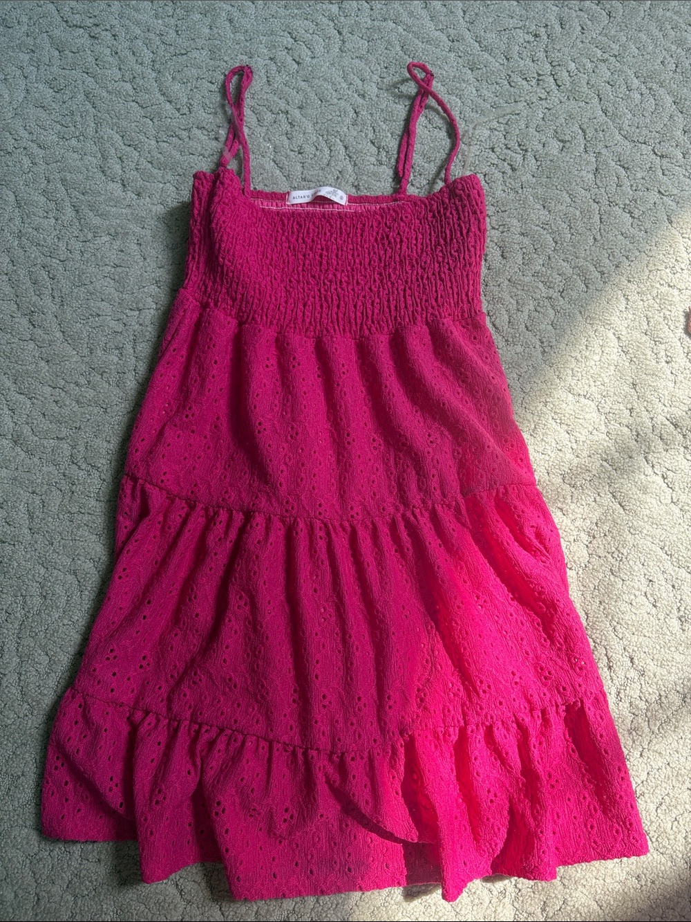 Altar’d State Women’s Hot Pink Eyelet Tiered Dress with Smocked Bodice